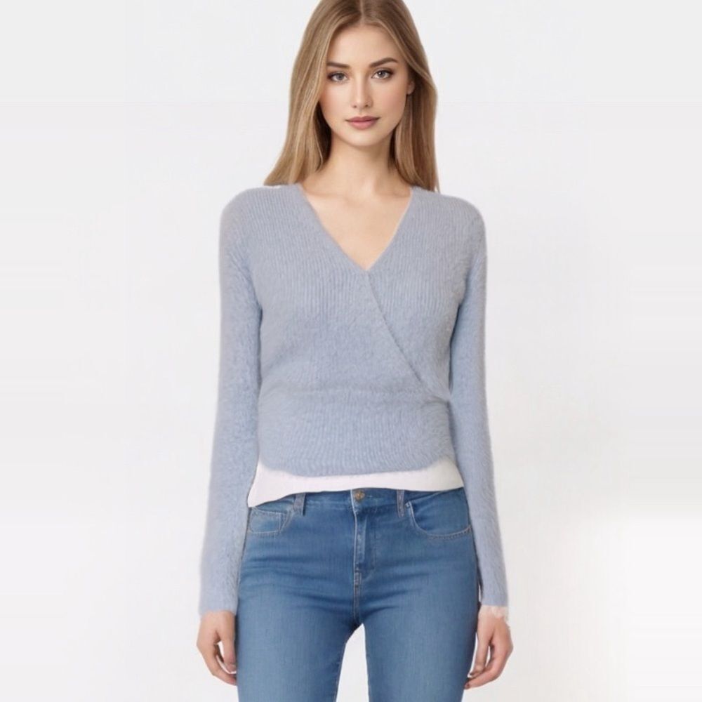 Ice Blue Babydoll Eyelash Fuzzy Surplice Balletcore Sweater Cropped Ribbed Waist